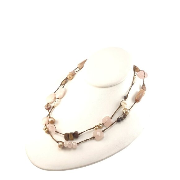 Handmade Multicolor Beaded Necklace With Rose Quartz Pearls & Wood Beads - Picture 4 of 8